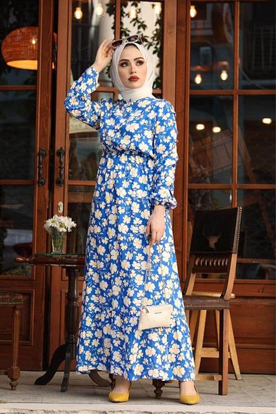 MODA STORE Women's Black Daisy Pattern Hijab Dress Blb 8800-17