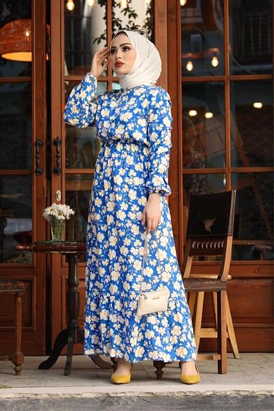 MODA STORE Women's Black Daisy Pattern Hijab Dress Blb 8800-17