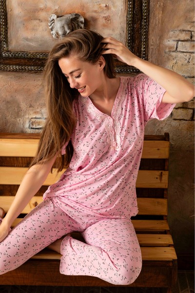 Temporium Γυναικείο σετ πιτζάμες μπαμπού με κοντό μανίκι με δαντέλα με κουμπιά