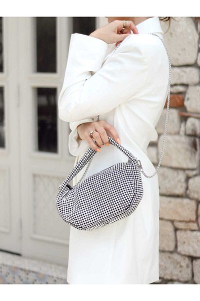 Moom Bag Γυναικεία τσάντα ώμου βραδινό φόρεμα με ασημί κρύσταλλο με αλυσίδα