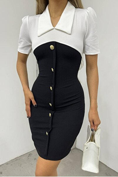 lovebox Жіноча крепова тканина з поло-коміром на ґудзиках, короткі рукави, чорна міні-сукня 12397