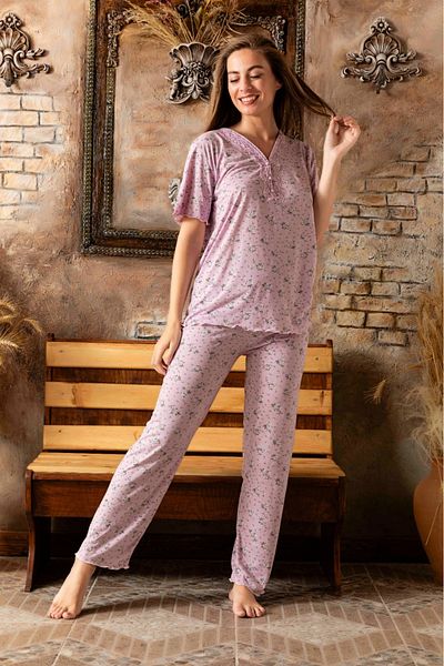 Temporium Women's Lace Collar Buttoned Short Sleeve Bamboo Pajama Set