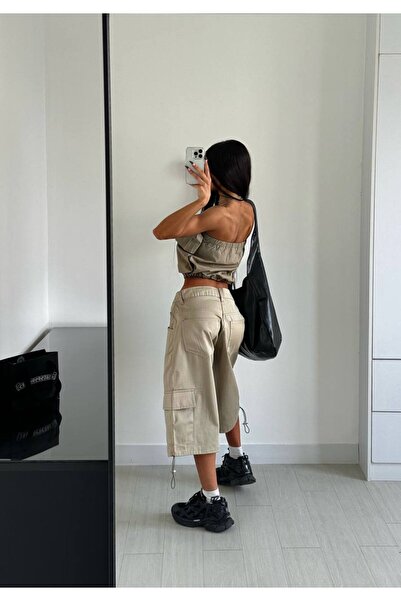 Alien 1979 Bej renk geniş kesim kargo cepli bermuda şort