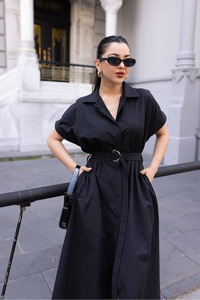My Blog Rochie camasa neagra cu talie elastica - detaliu curea