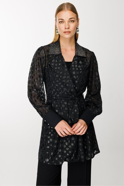 Nefeli Yakası Taşlı Simli Puantiyeli Uzun Organze Tunik Siyah