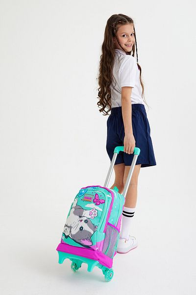 Coral High Rucsac pentru școală cu trei compartimente, cu model de pisică roz, verde apă, pentru copii, cu racletă 23907