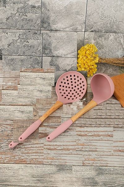 COOKCASE طقم مغرفة وملعقة سيليكون مكون من قطعتين باللون الوردي