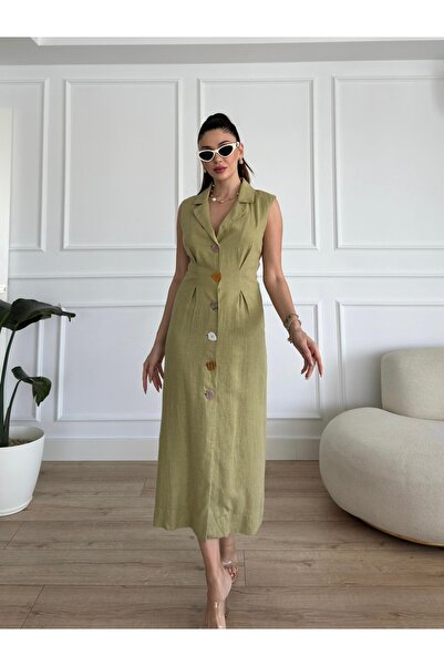 Bettnes KETEN DÜĞME DETAY UZUN ELBİSE