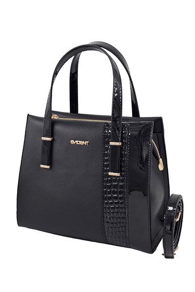 Evident Black & Patent Leather Drop Pattern Stripe Detailed Cross Shoulder Strap Women's Handbag