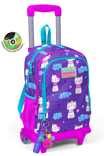 Coral High Rucsac școlar cu trei compartimente și racletă pentru copii, violet, roz, cu model 23360