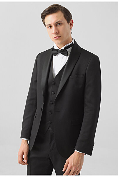 Twn Slim Fit Black Dobby Groom Suit & Tuxedo Suit with Vest