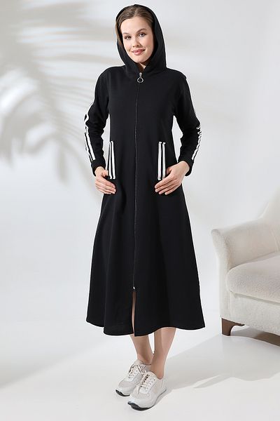 Flyboard Hooded Pocketed Long Tunic with Ribboned Sleeves and Zipper 21576 BLACK