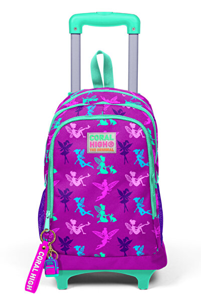 Coral High Kids Koyu Pembe Su Yeşili Peri Desenli Üç Bölmeli Çekçekli Okul Sırt Çantası 23129
