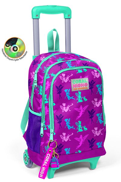 Coral High Rucsac școlar cu racletă cu trei compartimente pentru copii, roz închis, verde apă, cu model zână 23129