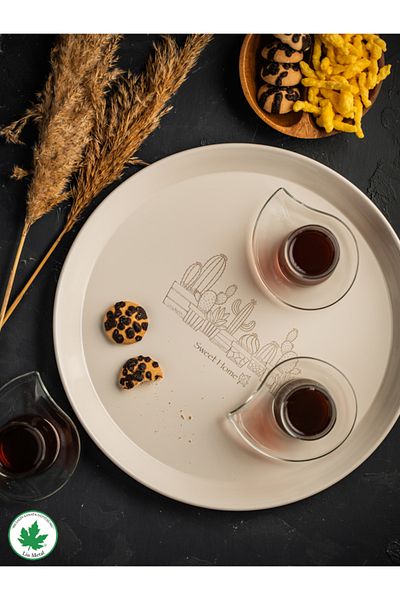 linmetal Metal Round Serving Tray 38cm, Handleless Tray, Presentation Tray, Tea Coffee Tray (Cactus Printed)
