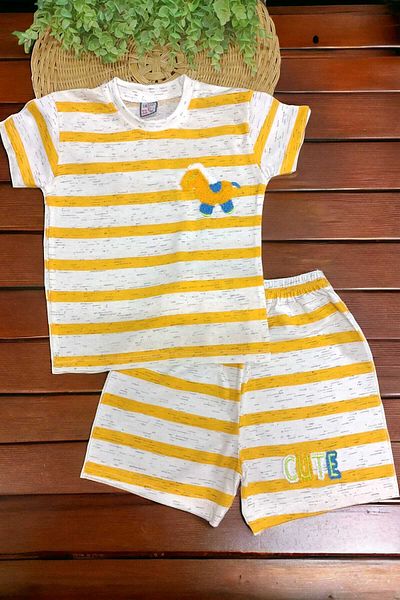dinamik çocuk Kids Boys Girls Striped Embroidered 2-Piece Top and Bottom Set Unisex Summer Thin Short Sleeve