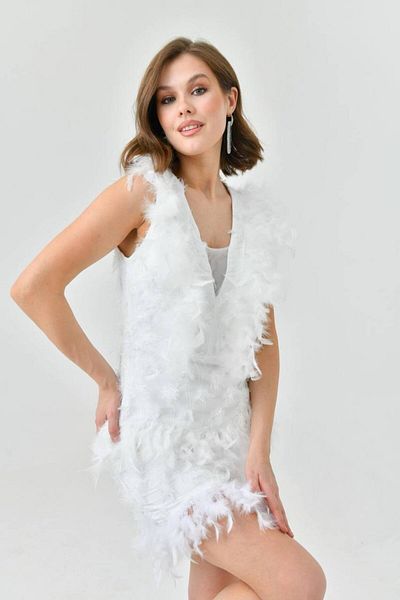 NARKISS White V-Neck Feather Detailed Design Dress