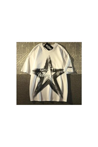 weywot تي شيرت Harajuku Y2k Star Print موديل أبيض للجنسين مقاس كبير