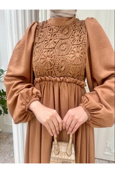 MAS BUTİK Women's Knitted Detailed Maxi Length Long Sleeve Lined Cotton Dress