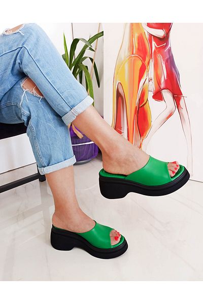 GDT Ayakkabı Green Color Comfortable Platform Heel Women's Slippers
