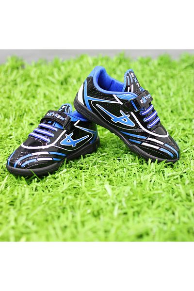 ZİRVE MAĞAZA New Season Young Children's Patent Leather Blue Black Football Boots - Threaded and Velcro Astroturf Field Shoes