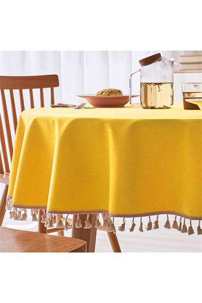 Zeren Home Υγρό κάλυμμα στρογγυλού τραπεζιού με λεπτομέρεια με φούντα κρόσσια κίτρινο