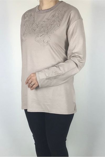ECE GİYİM Μπλούζα μεγάλου μεγέθους Lycra Viscose - Λεπτομέρεια από πέτρα και κεντημένο γιακά και μανίκια