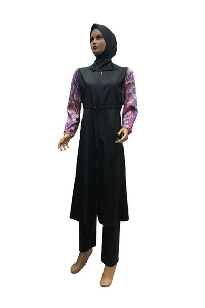 eflin Plus Size Women's Clothing - Black-Blue Floral Hijab Swimsuit, Including Bonnet