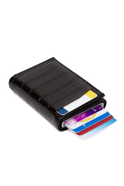 tuldar Black Rfid Card Gift Card Holder Wallet with Automatic Shooting Protective Mechanism Paper Money Compartment