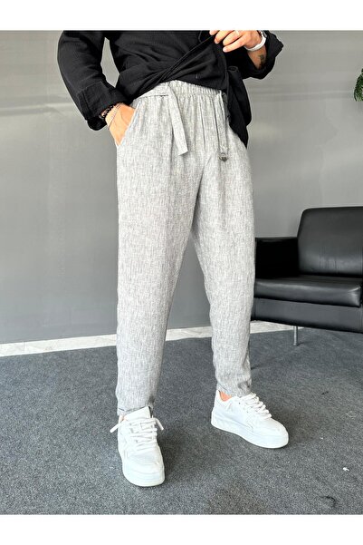 THEMANN Black Relax Fit Linen Jogger with Belted Waistband