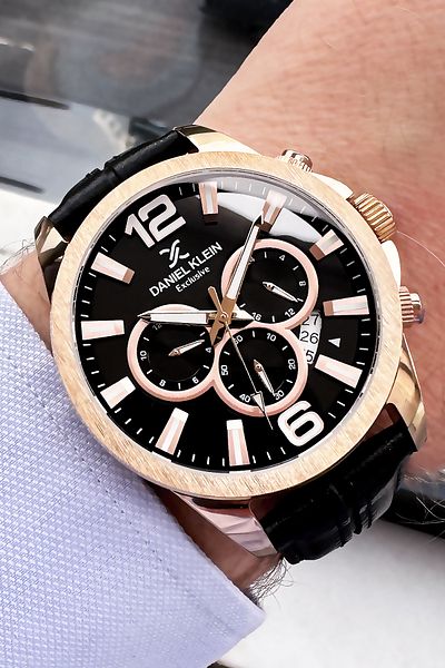 Daniel Klein Men's Wristwatch 3 Atm Waterproof Black Color Leather Cord + Bracelet Gift DKE2084C5
