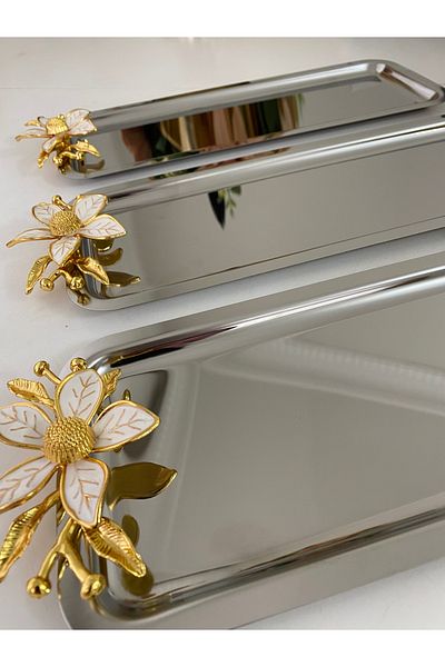 Elzemm store STAINLESS STEEL RECTANGULAR MODEL 3 PIECES PROMOTION TABLE WITH LARGE FLOWER ACCESSORY