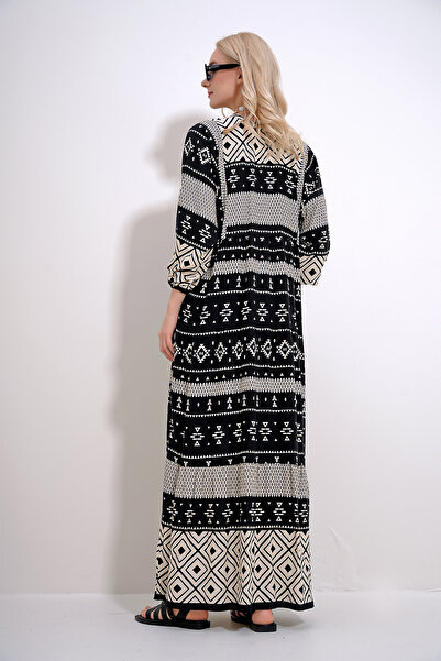 Trend Alaçatı Stili Women's Ecru-Black Collar Tassel Detailed Layered Flounced Ethnic Patterned Woven Viscose Dress ALC-X12039