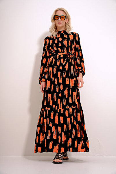Trend Alaçatı Stili Dámské černo-oranžové sukně s kulatým vzorem, sukně, pas s páskem, maxiboy šaty ALC-X12038