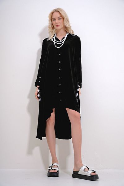 Trend Alaçatı Stili Women's Black Back Cape and Tassel Detailed Buttoned Front Woven Shirt Dress ALC-X12000