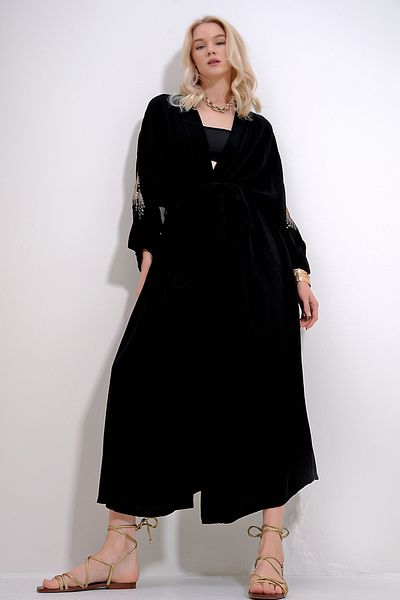 Trend Alaçatı Stili Women's Black Back and Arms with Glitter Embroidery Waist Belt Maxiboy Kimino Kaftan ALC-X11995
