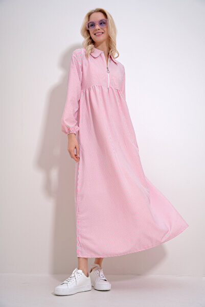 Trend Alaçatı Stili Γυναικείο ροζ πουκάμισο γιακά με φερμουάρ μπροστά Ριγέ υφαντό Maxi Φόρεμα ALC-X12044