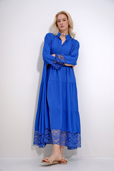 Trend Alaçatı Stili Dámské saks Magnificent Collar Robe s krajkou na knoflíky Detailní Maxiboy šaty ALC-X12005