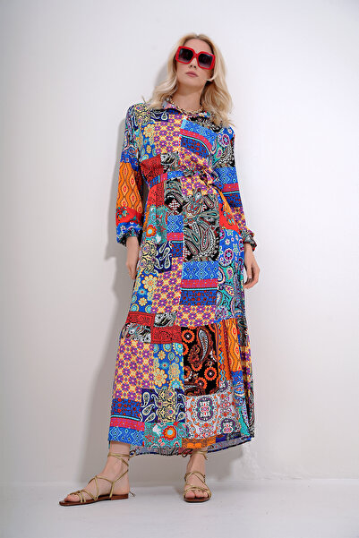 Trend Alaçatı Stili Women's Orange Stand Collar Waist Belted Skirt Flounced Patterned Woven Viscose Dress ALC-X12033