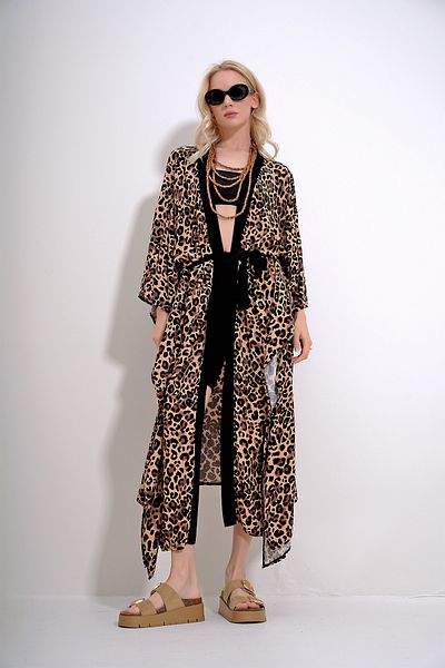Trend Alaçatı Stili Women's Beige Leopard Patterned Bellows Belted Maxi Length Kimono Caftan ALC-X11994
