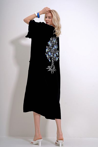 Trend Alaçatı Stili Women's Black Back and Pockets Wishing Tree Printed Buttoned Front Woven Viscose Dress ALC-X12011