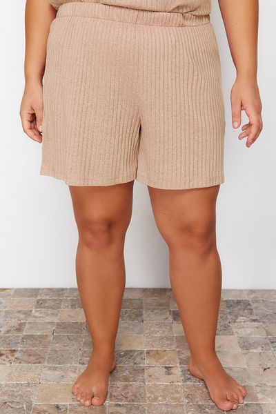 Trendyol Curve Set pijamale tricotate cu decolteu în V bej TBBSS24AI00121
