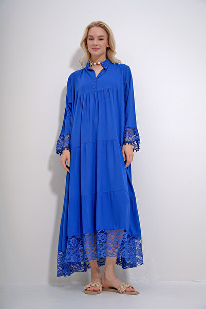 Trend Alaçatı Stili Dámské saks Magnificent Collar Robe s krajkou na knoflíky Detailní Maxiboy šaty ALC-X12005