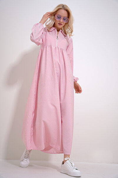 Trend Alaçatı Stili Γυναικείο ροζ πουκάμισο γιακά με φερμουάρ μπροστά Ριγέ υφαντό Maxi Φόρεμα ALC-X12044