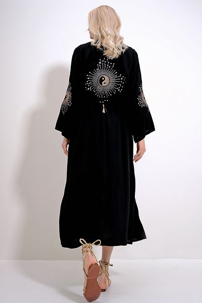 Trend Alaçatı Stili Women's Black Back and Arms with Glitter Embroidery Waist Belt Maxiboy Kimino Kaftan ALC-X11995