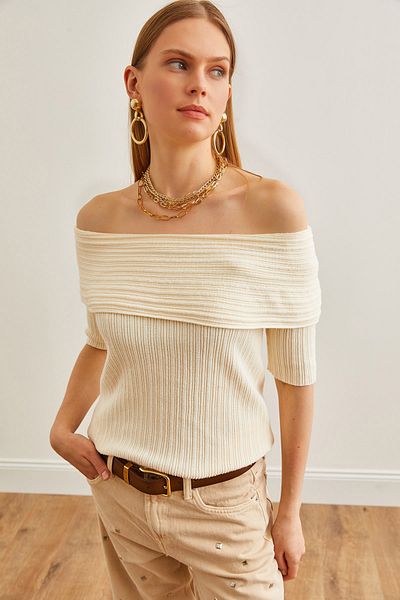 Olalook Women's Ecru Corded Madonna Collar Seasonal Knitwear Blouse BLZ-19002627
