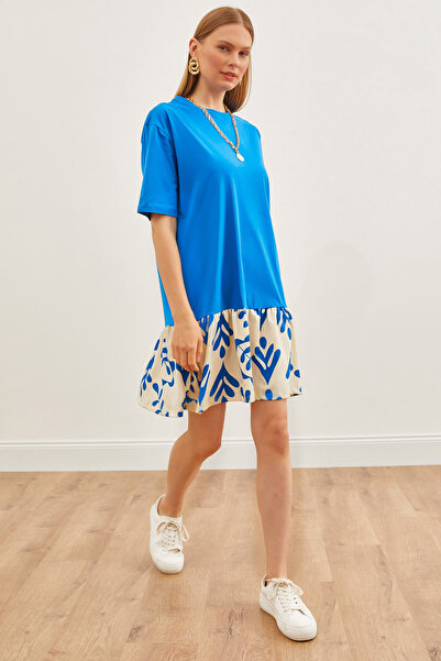 Olalook Γυναικεία Saks Μπλε φούστα εκρού γαρνιρισμένη Μίνι φόρεμα ELB-19002157