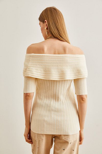 Olalook Women's Ecru Corded Madonna Collar Seasonal Knitwear Blouse BLZ-19002627