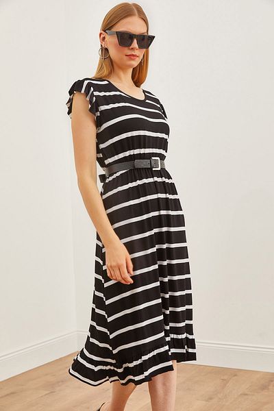 Olalook Fustă albă - negru pentru femei, cu umeri, cu volane, cu talie elastică, tricotată, rochie din viscoză ELB - 19002147