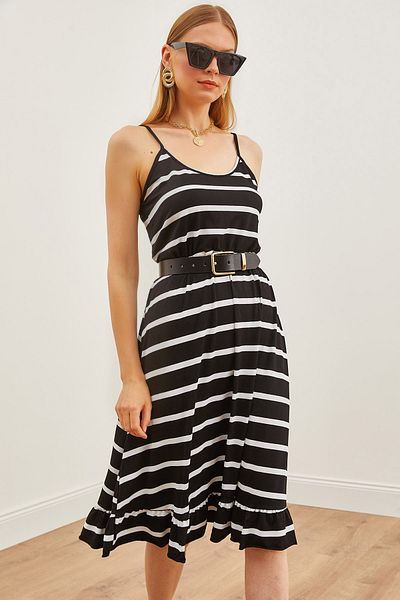 Olalook Schwarzes gestreiftes Viskose-Strickkleid mit dünnen Trägern und elastischer Taille für Damen ELB-19002155